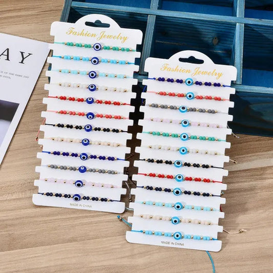 12 Pcs/Lot Fashion Colorful Evil Eye Beaded Bracelets Handmade Braided Adjustable Yoga Bracelet for Women Men Jewelry