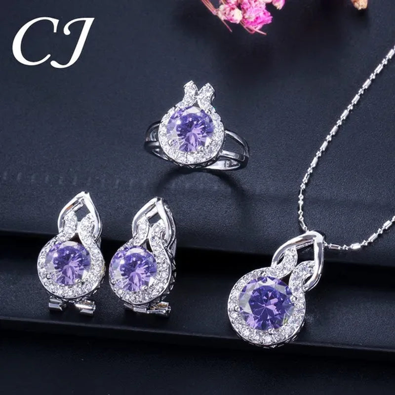 CANDICE Fashion Party Jewelry Set Sterling Silver Round Cut Blue Crystal Pendant Necklace Earrings Ring Set For Lady