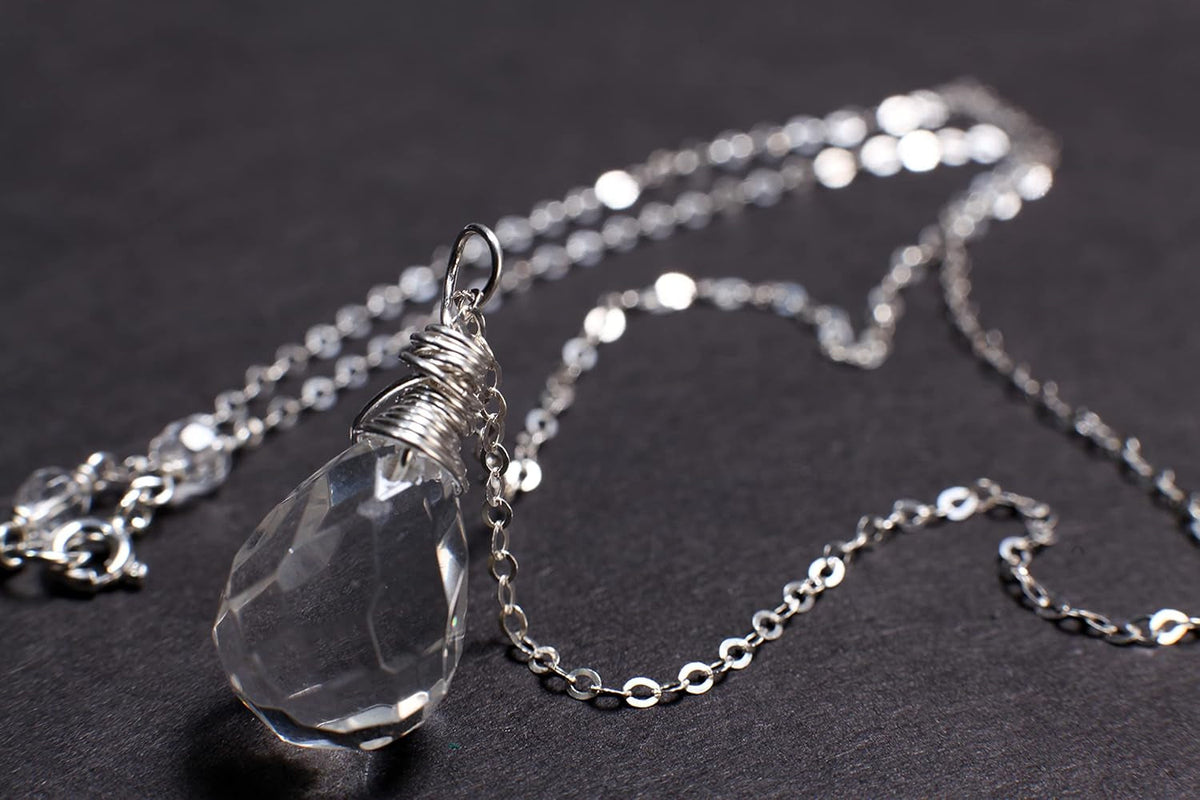 Clear Rock Crystal Quartz 12X17Mm Faceted Briolette Drop Wire Wrapped Gemstone Pendant Necklace in 925 Sterling Silver Chain and Clasp (24")