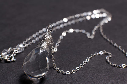 Clear Rock Crystal Quartz 12X17Mm Faceted Briolette Drop Wire Wrapped Gemstone Pendant Necklace in 925 Sterling Silver Chain and Clasp (24")