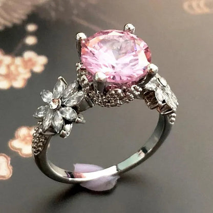 Women 925 Silver Plated Pink CZ Sapphire Wedding Birthstone Bride Flower Jewelry Ring Size 6-10