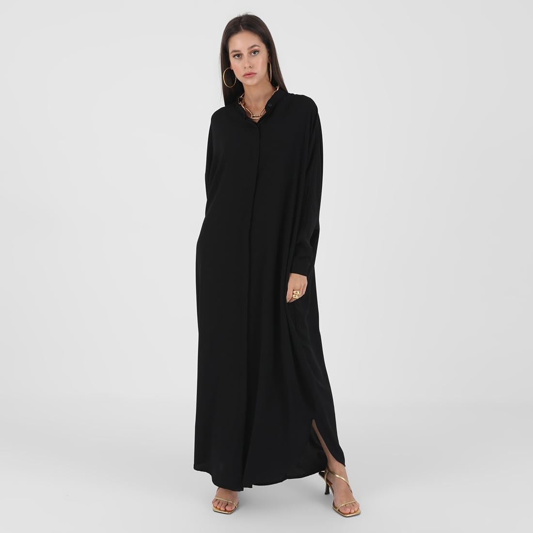 Muslim Dresses for Women Abaya Button down Henley Shirt Prayer Dress Batwing Long Sleeve Middle East Arabian Robe