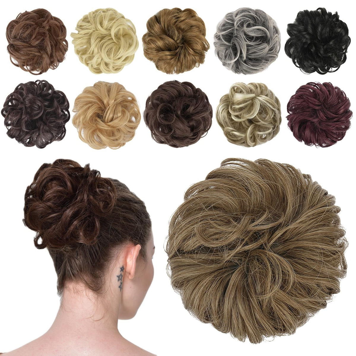 Messy Bun Hair Piece - Elastic Wavy Curly Hair Bun Scrunchies Extensions Synthetic Chignon Hairpieces for Women Girls, Dirty Brown 1 PCS