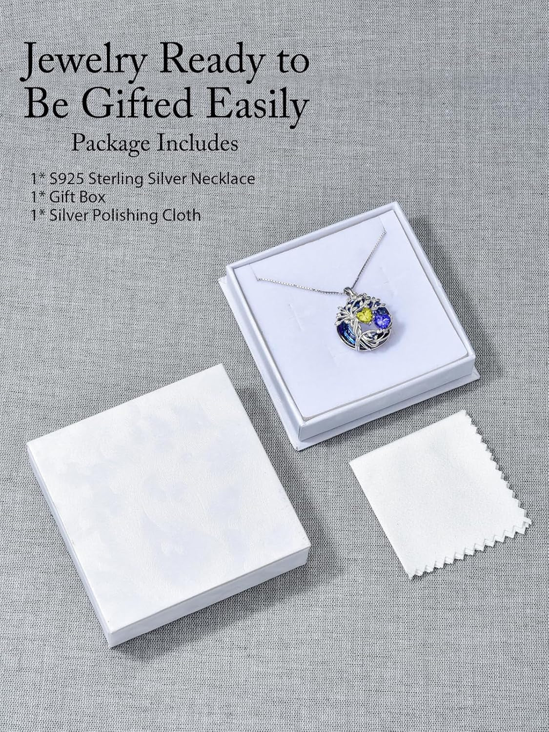 Mothers Day Gifts for Women 925 Sterling Silver Family Tree of Life Pendant Necklaces with 2 Heart Birthstone with Blue round Austrian Crystal Jewelry Birthday Anniversary Christmas Gifts for Her Wife Girlfriend Mom (18K Real White Gold Filled)