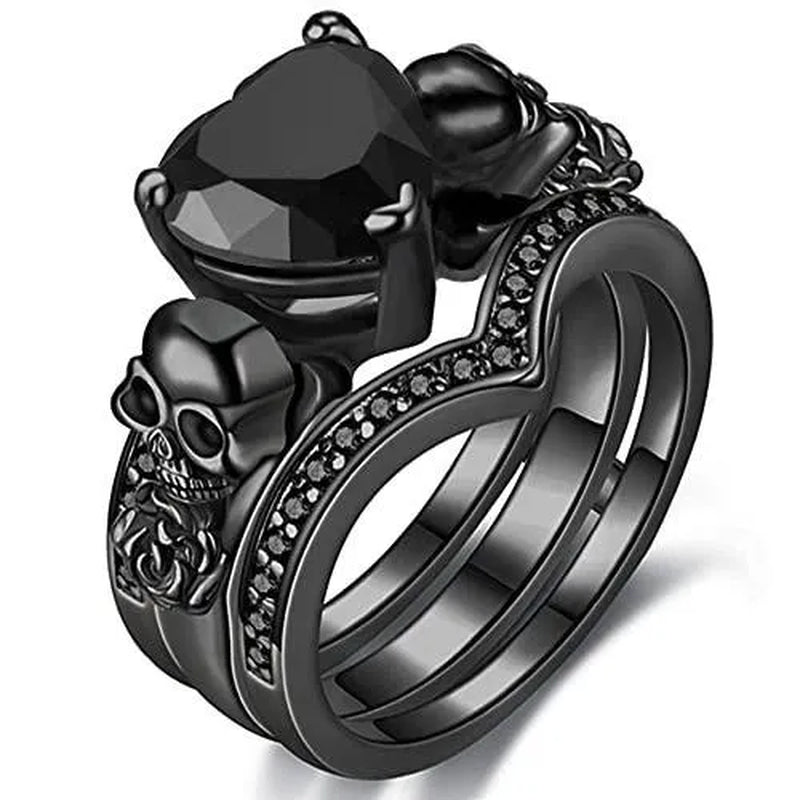 Gothic Black Rose Flower Skull Engagement Rings Set Red Purple Heart-shaped Zircon Crystal Wedding Anniversary Holiday Gift Jewelry Halloween Gifts