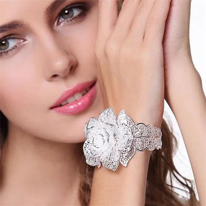 Exquisite 925 Sterling Silver Hollow Filigree Blooming Rose Flower Open Bangle Bracelet Charm Jewelry Gift