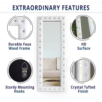 White 22 In. W X 63 In. H Modern Crystal Tufted Rectangle Framed Leaning Mirror
