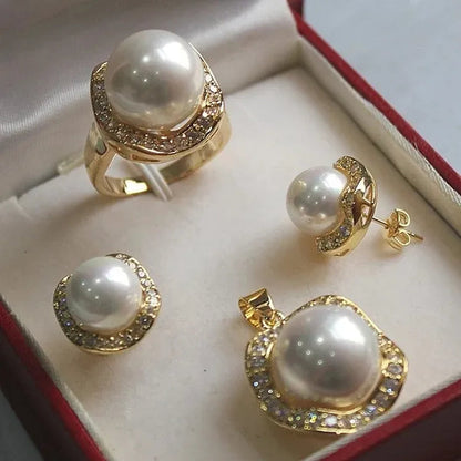 wholesale noble South Sea Shell Pearl 10-14mm Pendant Earrings Ring Set & stud earring jewelry set necklace 5 colors choose