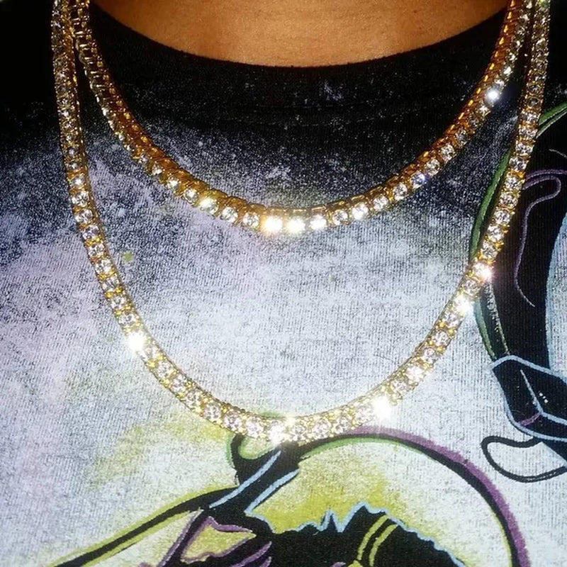 Fashion Gold Silver Color Hiphop Chain Necklace Luxury CZ Iced Out Cuban Rhinestone Tennis Hip Hop Necklace For Men Jewelry
