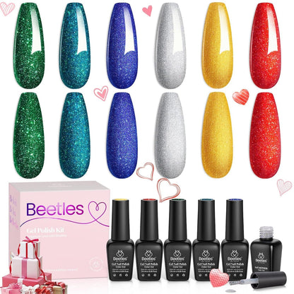 Beetles Gel Nail Polish Kit 6 Colors Green Gel Nail Polish Glitter Pearl Gel Nail Polish Spring Gel Polish Soak off Uv LED Nail Lamp Gel Nail Kit DIY Home Nail Manicure Easter Gel Nail Polish