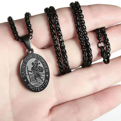 Religious Catholicism Amulet Oval Saint Christopher Necklace for Men Women, 316L Stainless Titanium Steel Catholic Patron Saint of Travellers St Christopher Pendant with Chain 23.6 Inches Black / Silver / Gold