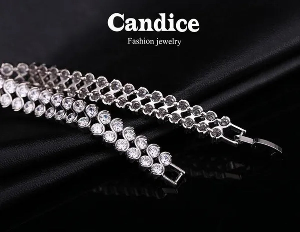 CANDICE Elegant 2 Row Cubic Zirconia Design Sterling Silver Plated Tennis Bracelet& Bangle for Women Gift