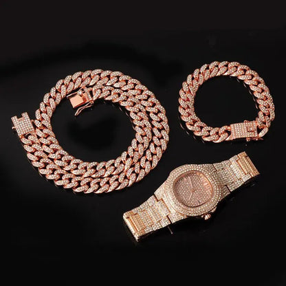 Fashion Gold / Silver Plated Solid Stainless Steel Iced Out Diamond Bracelet Thick Miami Cuban Link Chain Necklace Hip Hop Jewelry