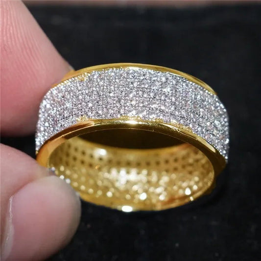 Luxury Woman Fashion Accessories Shiny Gold Color Ring Crystal Zircon Jewelry for Women Bride Wedding Band Elegant Female Princess Proposal Engagement Anniversary Party Gift Promise Rings Size 4-13 Bague Femme