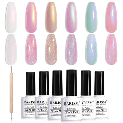 Pearl Gel Nail Polish Set Clear Shell Glitter Gel Polish 6 Colors Pearlescent Pink White Blue Purple Silver Gold Shimmer Mermaid Swirl Thread Effect LED UV Soak Off Curing Requires Home Salon