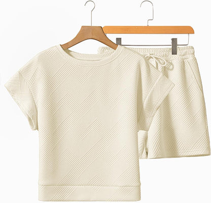 Women'S 2 Piece Outfits Sweatsuit Casual Short Sleeve Pullover Tops and Drawstring Shorts Pants Lounge Sets