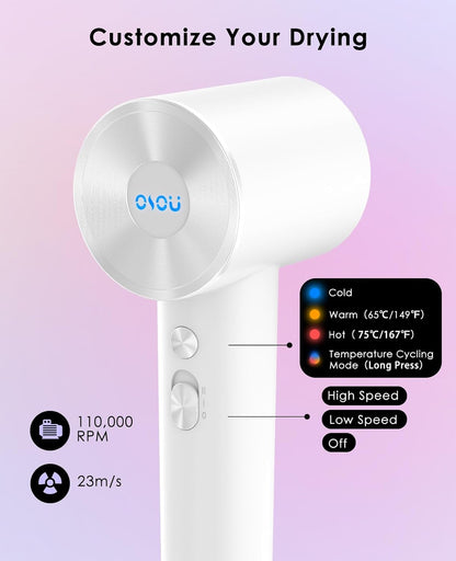 Hair Dryer, Negative Ionic Hair Dryer, High-Speed Blow Dryer with 110, 000 RPM Brushless Motor, Fast Drying Lightweight Travel Hairdryer, Low Noise Home Hair Dryer with Smooth Nozzle