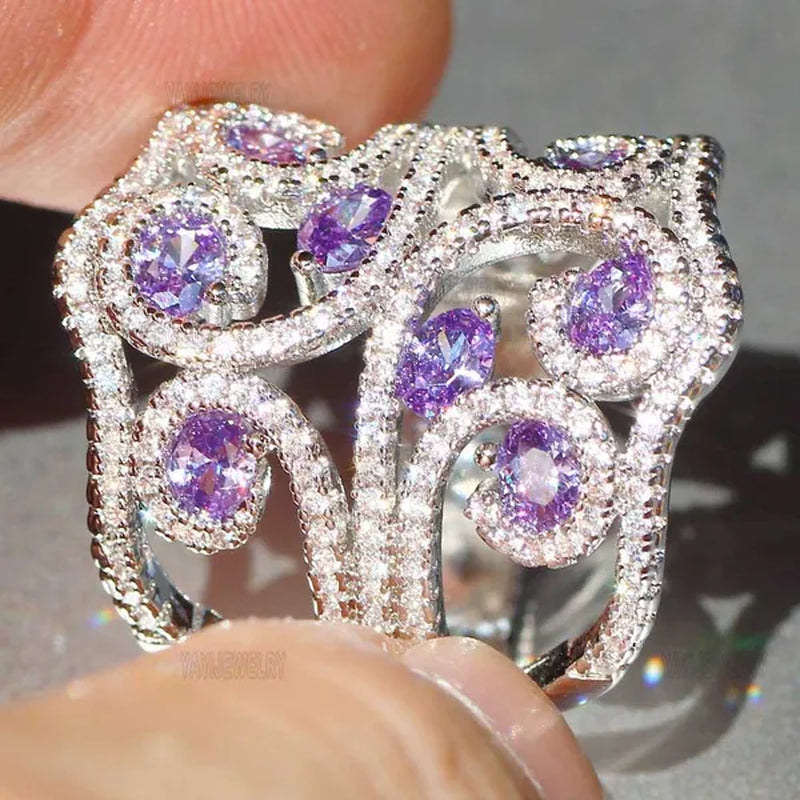 Silver White Sapphire & Tanzanite Birthstone Gemstones Engagement Wedding Anniversary Heart Ring