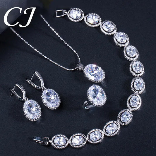 CANDICE European Clear Oval CZ Stone Necklace Earrings Tennis Bracelet Ring for Women Fashionable Sterling Silver Plated Plated Party Jewelry Set
