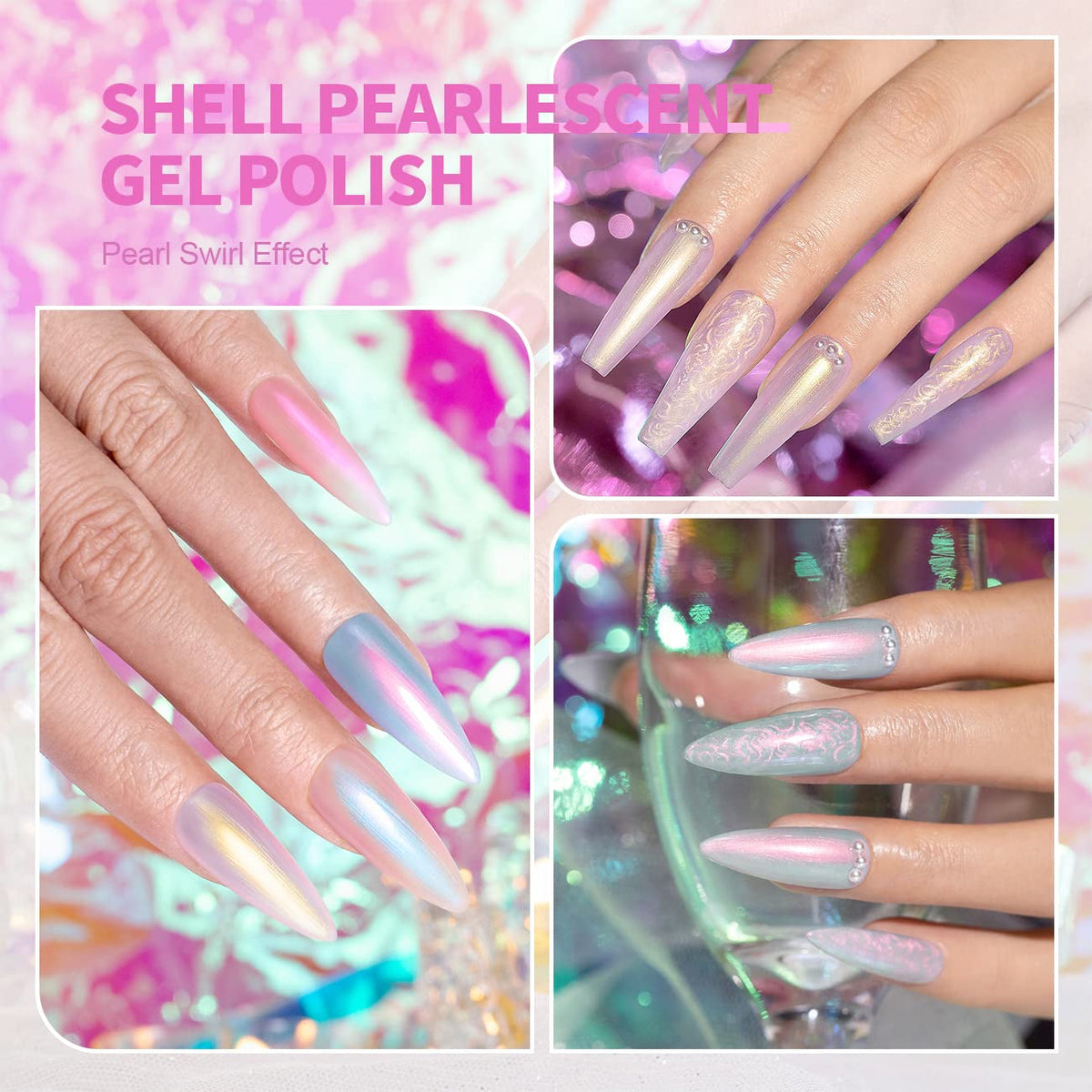 Pearl Gel Nail Polish - Glitter Pearlescent Shell Gel Polish in Pink, Beige, Blue, Green, Purple Shimmer Mermaid Swirl Thread Effect - Soak off LED UV Curing - DIY Manicure Use