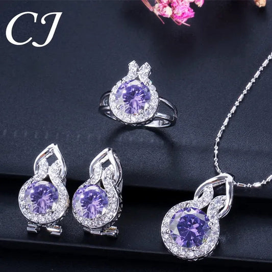 CANDICE Romantic Sterling Silver Jewelry Purple Crystal Pendants Necklace Earrings Ring Set For Women Girls