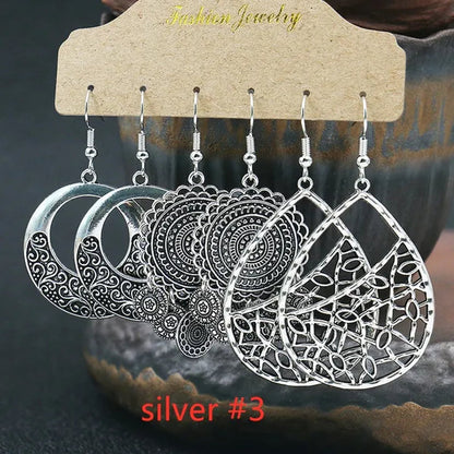 3 Pairs Women's Fashion Jewelry Vintage Bohemian Ethnic Carved Dangle Earrings for Women Charm Geometry Leaves Hoop Earring Wedding Engagement Party Banquet Earrings