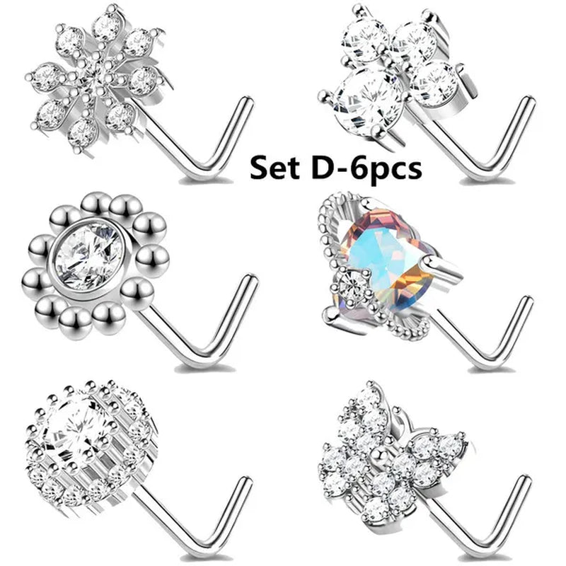 5/6Pcs 20G Nose Rings Stud L Shape Nose Rings Cubic Zirconia Butterfly Flower Eye Moon Heart Shape Nose Studs Piercing Jewelry for Women Men
