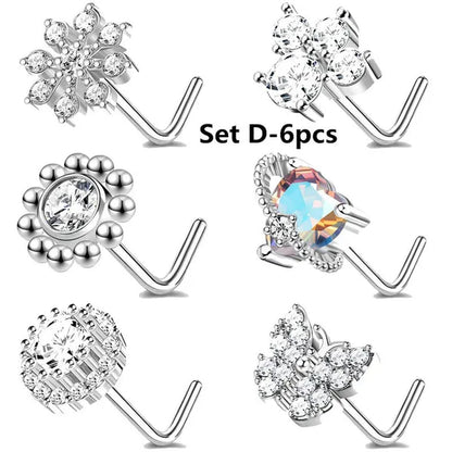 5/6Pcs 20G Nose Rings Stud L Shape Nose Rings Cubic Zirconia Butterfly Flower Eye Moon Heart Shape Nose Studs Piercing Jewelry for Women Men