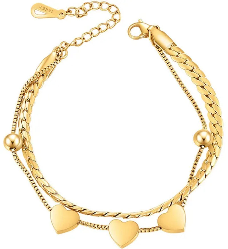 Women's Chain Bracelets 18K Gold Plated Stainless Steel Classic Heart Double Layer Tennis Bracelet Adjustable Bangle for Women