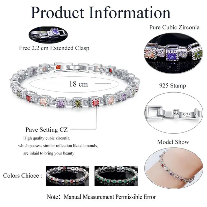 Gloriya Fashion Silver Color Elegant Charm Bangle Jewelry for Prom Women Simple Trendy Green CZ Crystal Square Tennis Bracelets
