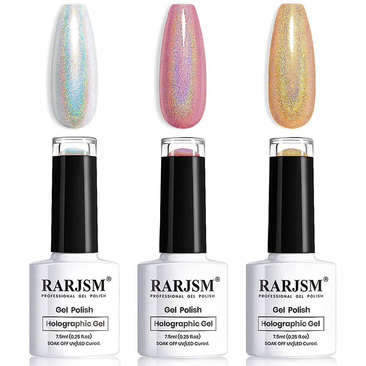Holographic Gel Nail Polish Set 3PCS Rose Gold Pink Purple Gorgeous Glossy Soak off Nail Gel with Glitter Mermaid Unicorn Effect Lamp Curing Required for Nail Art Design Manicure Salon DIY at Home