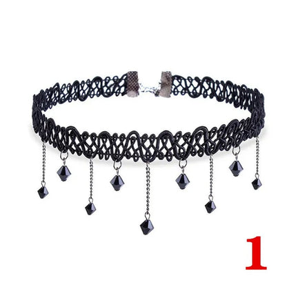 1 PCS Black Lace Necklace Chokers Vintage Style Female Gothic Wedding Red Rose Crystal Diamond Pendant Collarbone Necklace Chain Accessories for Women Girls(10 Style)