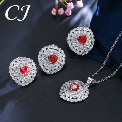 CANDICE 3pcs Love Jewelry Set Micro White CZ Pave Heart Red Crystal Romantic Party Necklace Earrings Ring Sterling Silver Plated Sets for Women Girl Gifts