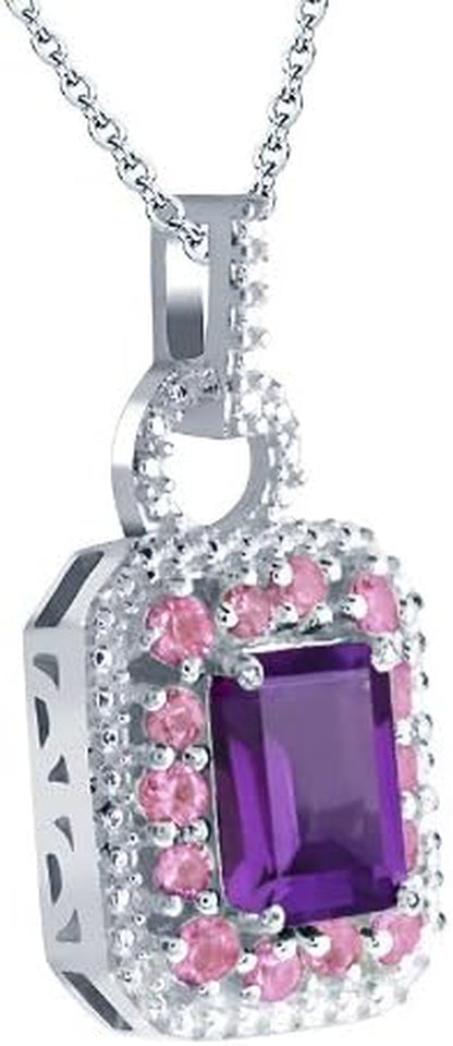 925 Sterling Silver Amethyst and Pink Sapphire Pendant Necklace for Women (1.45 Cttw, Gemstone Birthstone, Emerald Cut 7X5MM with 18-Inch Silver Chain)