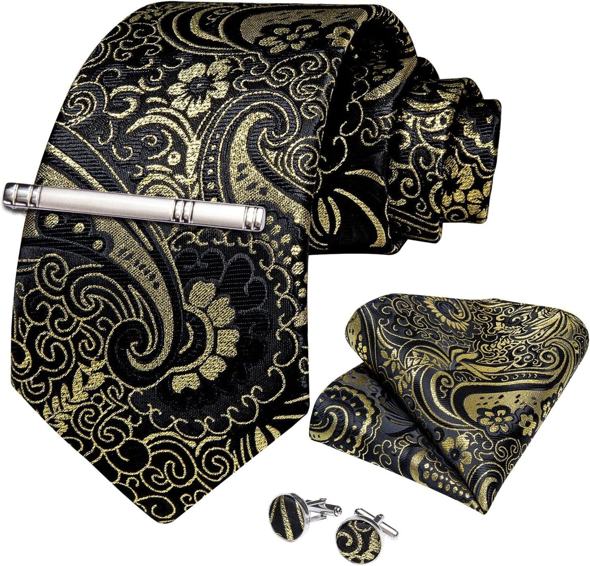 Paisley Ties for Men Silk Necktie and Pocket Square Cufflinks Tie Clip Set Woven Classic Mens Tie for Wedding Party