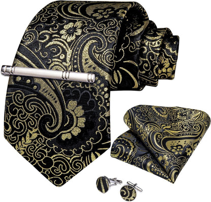 Paisley Ties for Men Silk Necktie and Pocket Square Cufflinks Tie Clip Set Woven Classic Mens Tie for Wedding Party