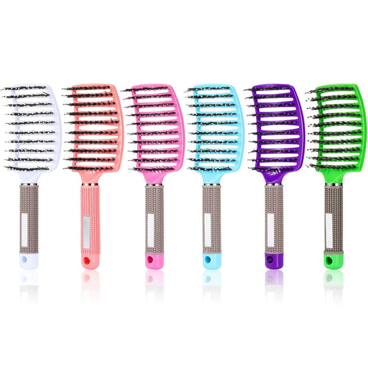 6 Pack Boar Bristle Hair Brushes Curved and Vented Hairbrush Detangler Curved Hair Brushes for Women Detangling Comb for Men Long Wet Dry Thick Curly Blowing Hair Accessories, 6 Colors
