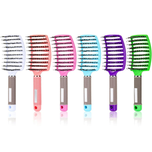 6 Pack Boar Bristle Hair Brushes Curved and Vented Hairbrush Detangler Curved Hair Brushes for Women Detangling Comb for Men Long Wet Dry Thick Curly Blowing Hair Accessories, 6 Colors