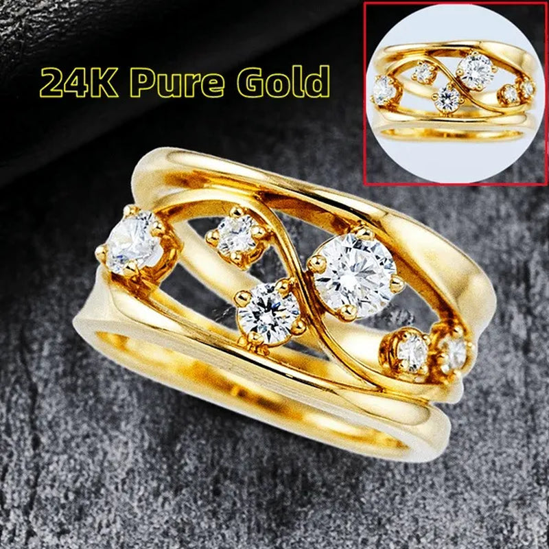 24K Solid Gold 6 Sparkling Diamond Rings Super Bride Engagement Wedding Rings Band Anniversary Birthday Christmas Jewelry Size 5-12