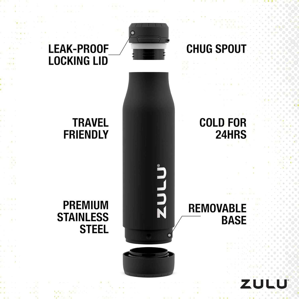 Ace Vacuum Insulated Stainless Steel Water Bottle with Chug Spout, Leak-Proof Locking Lid and Removable Base for School, Backpack, Sports, Gym, Travel