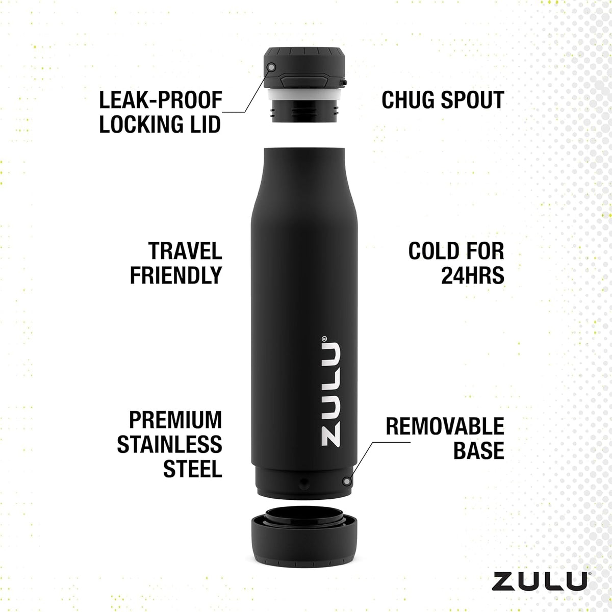 Ace Vacuum Insulated Stainless Steel Water Bottle with Chug Spout, Leak-Proof Locking Lid and Removable Base for School, Backpack, Sports, Gym, Travel