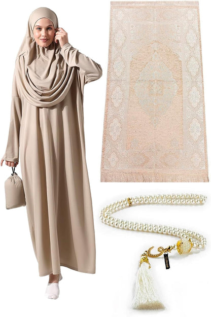 Muslim Dresses for Women, One-Piece Prayer Dress & Prayer Rug & Beads, Islamic Gift Set for Eid Ramadan
