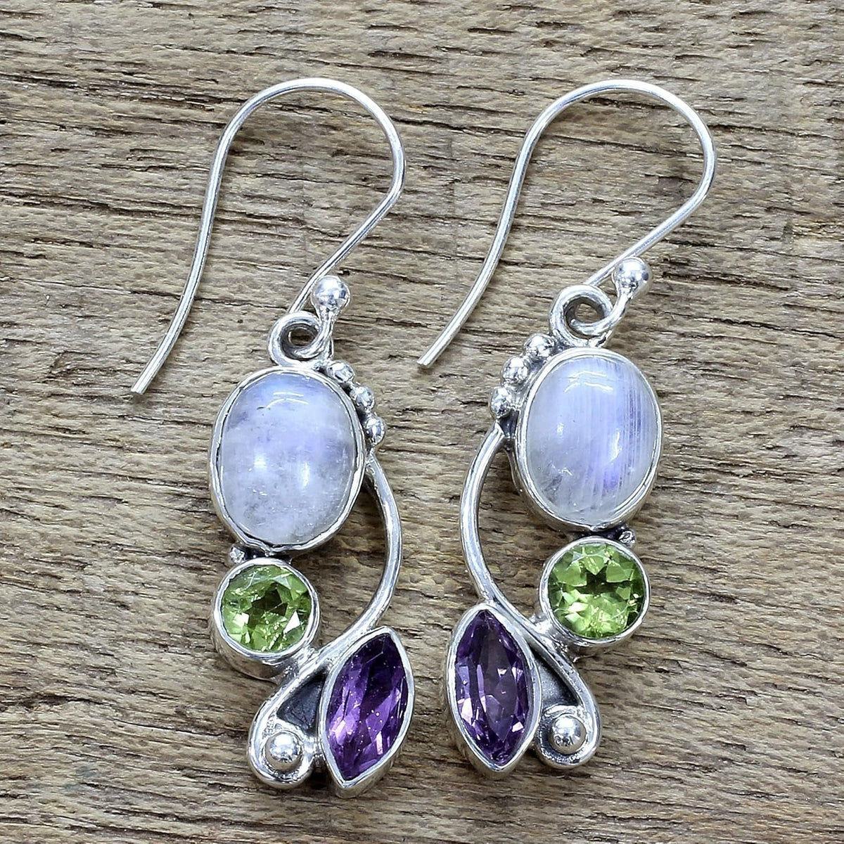Artisan Handcrafted Multigemstone Dangle Earrings | .925 Sterling Silver Handmade Dangle Earrings | Rainbow Moonstone Clear Green Multicolor Purple Dangle Earring | Natural Glamour Themed