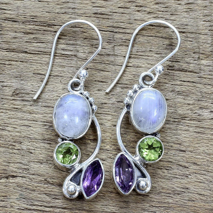 Artisan Handcrafted Multigemstone Dangle Earrings | .925 Sterling Silver Handmade Dangle Earrings | Rainbow Moonstone Clear Green Multicolor Purple Dangle Earring | Natural Glamour Themed