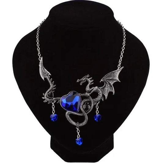 Fashion Heart-shaped Gemstone Alloy Pendant Gothic Punk Fire-breathing Dragon Necklace Jewelry