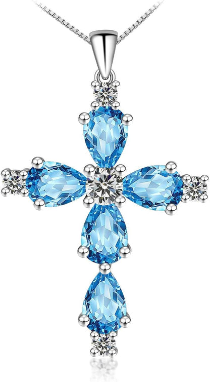 Cross Necklace for Women,925 Sterling Silver Jesus Christian Religious Birthstone Jewelry