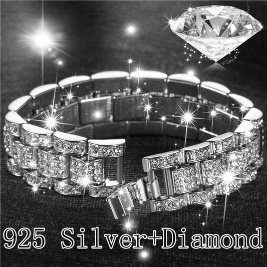 Fashion Men 24K Gold / 925 Silver Plated Solid Stainless Steel Bracelet Iced DIAMOND Link Chain Bracelet 8.26 Inch