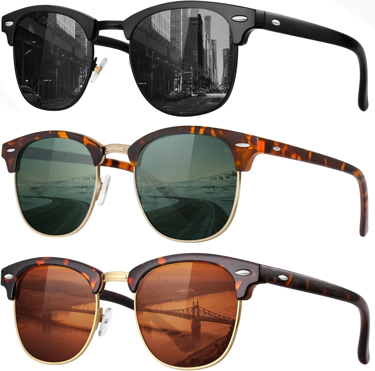 Classic Polarized Sunglasses for Men and Women Retro Style Semi Rimless Frame Sun Glasses 100% UV Protection Goggles