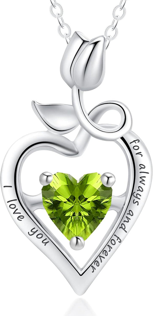 Fine Jewelry Birthstone Natural Peridot Necklace Sterling Silver Rose Flower Heart Gemstone Pendant Anniversary Birthday Gifts for Women Her Wife Mom