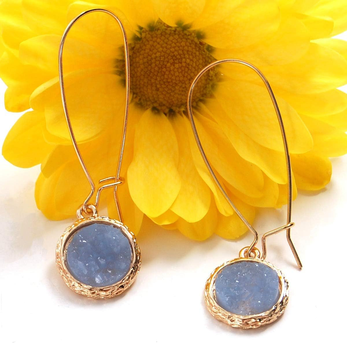 Humble Chic Simulated Druzy Threader Drop Earrings for Women - Gold, Silver, or Rose Gold Tone Trendy Boho Dangles with Sparkly Round Stone